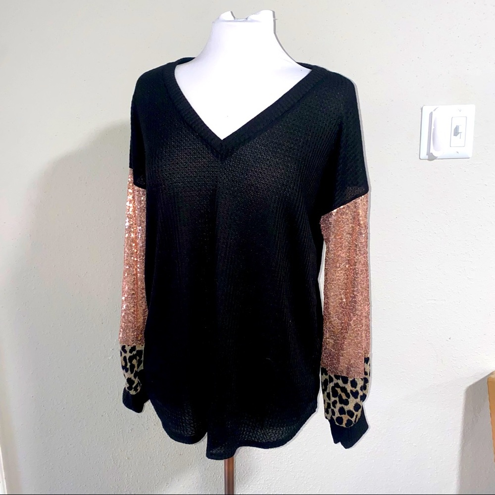 Sequin leopard long sleeve blouse